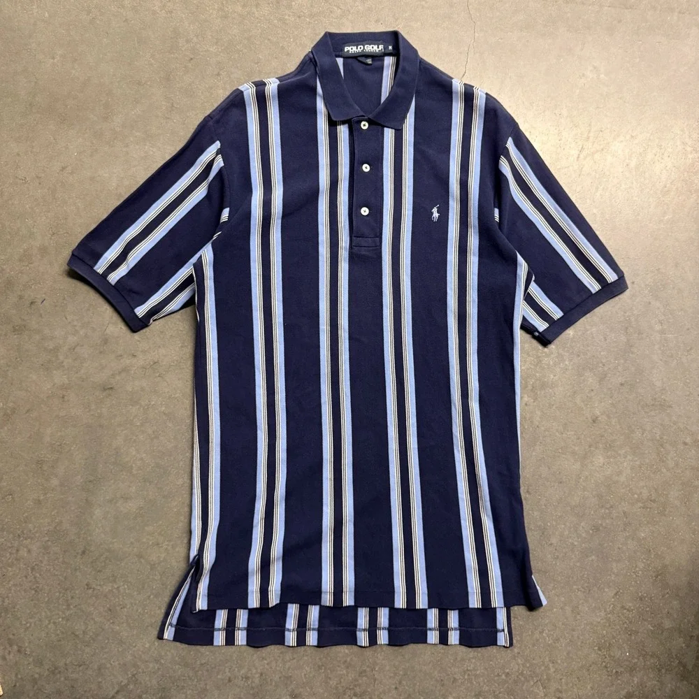 Polo Golf Ralph Lauren Mens Medium Navy Striped Pique Polo Shirt Short Sleeve
